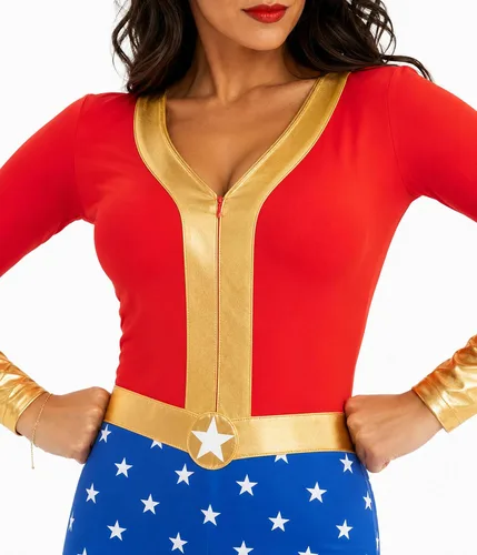Vista 3 de Tipsy Elves Disfraz de superhéroe rojo y patriótico de Halloween de manga larga para mujer