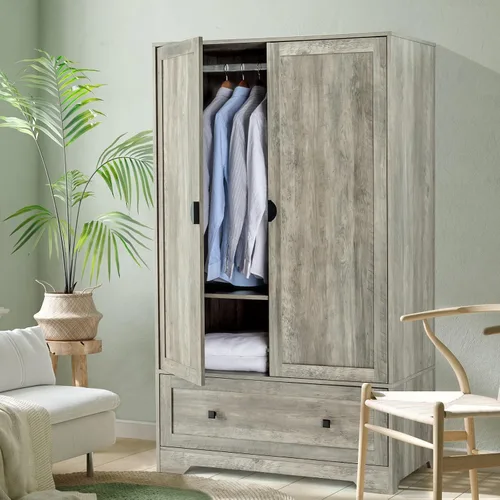 Vista 13 de VINGLI Armario Ropero Acanalado con Puertas y Cajones, Gabinete Armario con Barra para Colgar, Armario de Dormitorio de Madera de Roble, Armario