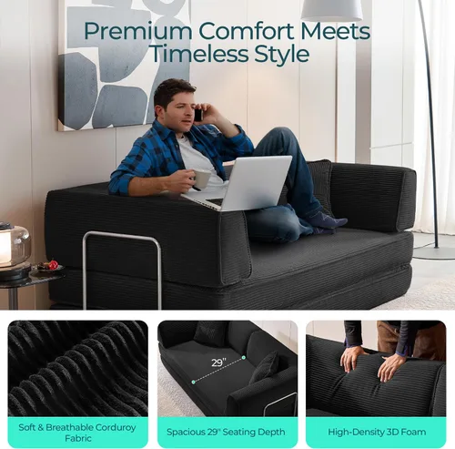 Vista 5 de LINSY Home Sofá cama convertible de 79 pulgadas, sofás de pana 4 en 1 sin hueso para sala de estar, futón plegable tamaño Queen, colchón de suelo