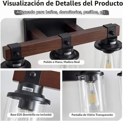 Vista 4 de Lámpara de tocador de madera de granja para baño, 3 luces de baño sobre espejo, apliques de pared rústicos con pantalla de metal para baño