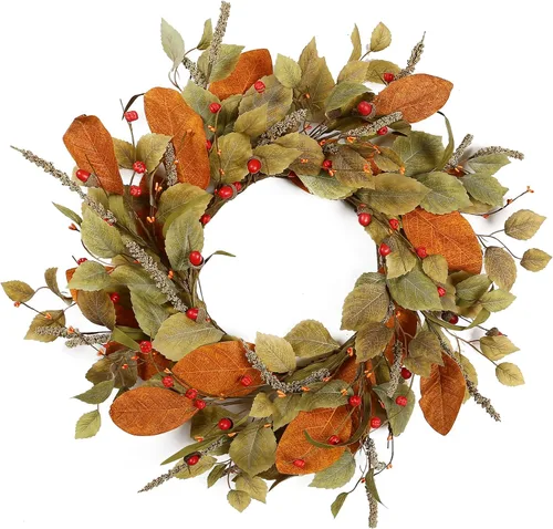 Vista 12 de YNYLCHMX - Corona de otoño de 20 pulgadas para puerta delantera, eucalipto y decoración de sorgo Hojas de eucalipto artificiales y sorgo