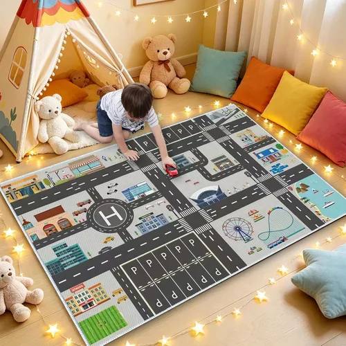 Vista 15 de Alfombra de juego para niños, ideal para jugar con autos y juguetes, alfombra educativa de carretera y tráfico para niños, alfombra divertida