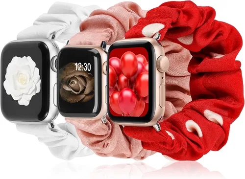 Vista 21 de TOYOUTHS - 3 paquetes compatibles con Apple Watch Band Scrunchies 1.496 in (38 mm) tela suave patrón impreso pulsera de tela para mujer iWatch