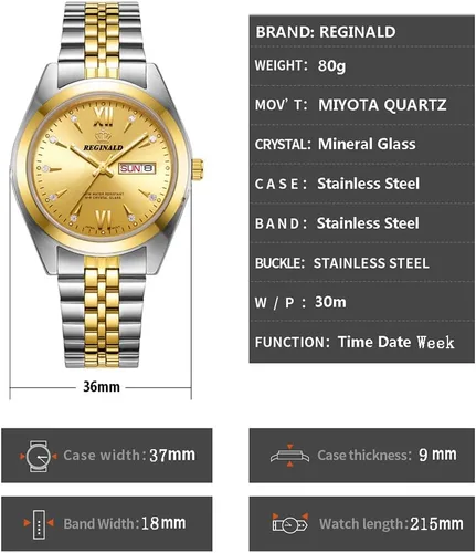 Vista 6 de PASOY Fashion Men's All Gold Watch Unisex Diamonds Steel Ultra Thin Case Quartz Silver Roman Date Week Wrist Watch 37mm oro reloj de pulsera