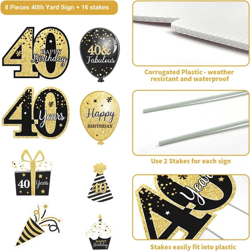 Vista 3 de Decoraciones de feliz cumpleaños 40 para hombres al aire libre 40 cumpleaños patio carteles con estacas negro y dorado 40 cumpleaños fiesta patio