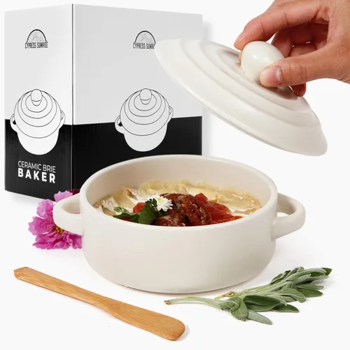 Vista 9 de Plato y calentador de queso Brie de gres con tapa, apto para horno, ideal para tabla de embutidos y accesorios de mesa de pastoreo, perfecto
