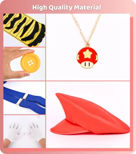 Vista 5 de PIIDUOO Mario Costume for Kids Halloween - Super Bros Mario Hat Mustaches Gloves Costumes Accessories for Boys Girls Cosplay