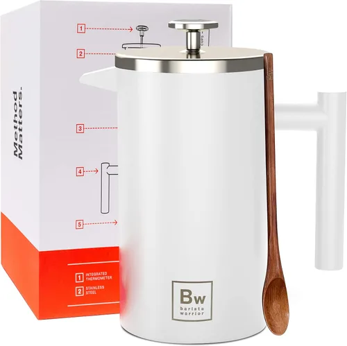 Vista 9 de Barista Warrior - Cafetera de prensa francesa, prensa francesa aislada de acero inoxidable de doble pared con termómetro integrado, cafetera de Negro