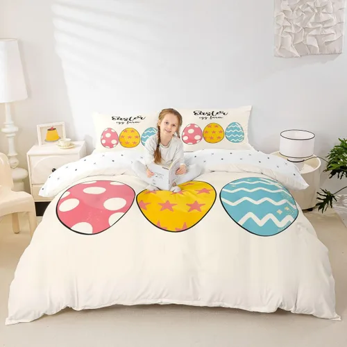 Vista 4 de jejeloiu Juego de ropa de cama de Pascua para niñas y niños, huevos de Pascua, juego de funda de edredón decorativa colorida para el día de Pascua