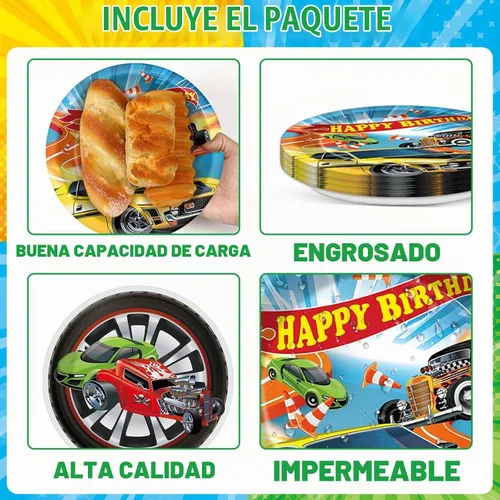 Vista 3 de 98 piezas de suministros de fiesta de cumpleaños de coches de carreras, platos y servilletas de papel rectangular de plástico mantel de carreras
