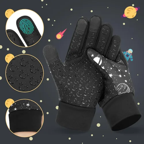 Vista 5 de AOTOW Guantes de invierno cálidos para niños niños y niñas, resistentes al viento, térmicos, tres dedos, pantalla táctil, para exteriores, clima