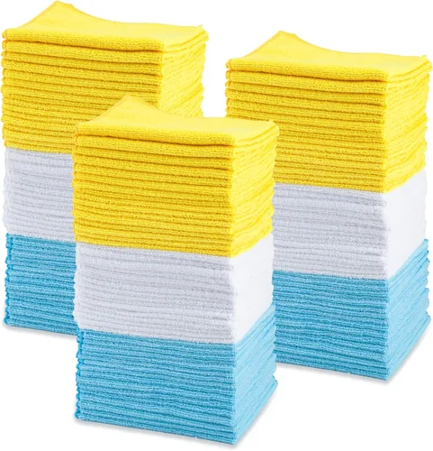 Vista 7 de Paños de limpieza de microfibra Amazon Basics, no abrasivos, reutilizables y lavables, paquete de 48, azul/blanco/amarillo, 16 x 12 pulgadas