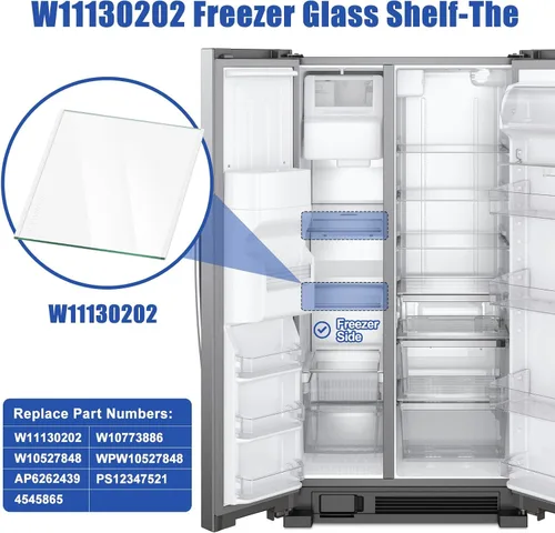 Vista 2 de Estante de vidrio para congelador W11130202 actualizado, estante de vidrio templado para refrigerador Whirlpool para reemplazo de estante