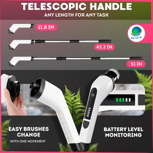 Vista 4 de Cepillo eléctrico 7 en 1, 2500 mAh. Limpiador telescópico de bañera con mango largo. Potente limpiador eléctrico para bañera. Cepillo eléctrico