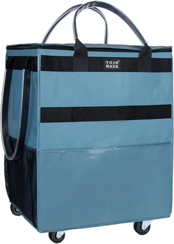 Vista 18 de Bolsa de comestibles reutilizable sobre ruedas, carrito de compras con 8 bolsillos y cubierta con cremallera, bolsa plegable con ruedas, asas