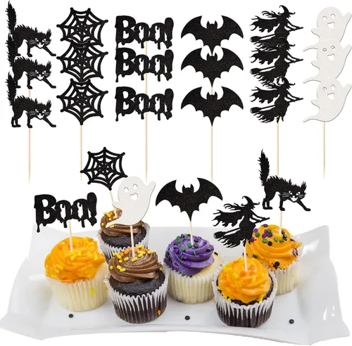 Vista 27 de Rsstarxi Paquete de 24 adornos para cupcakes Little Boo con purpurina, bruja, gato, calabaza, castillo, fantasma, magdalenas, alimentos, decoración