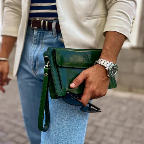 Vista 3 de Time Resistance Bolso de mano de cuero para hombre, organizador de muñeca, maletín hecho a mano en Italia, caja de regalo incluida