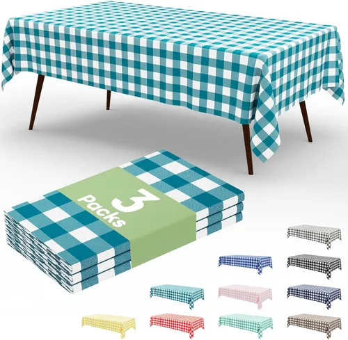 Vista 100 de Smiry Paquete de 3 Manteles Desechables de Cuadros Gingham Color Caqui - 54" x 72" Mantel de Plástico de Servicio Pesado, Cubiertas de Mesa