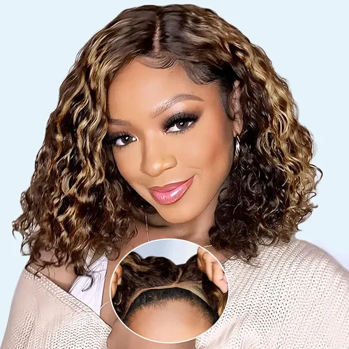 Vista 10 de Pelucas de cabello humano sin pegamento pre arrancadas pre cortadas con reflejos rubios Bob rizado corto con encaje frontal para mujeres negras