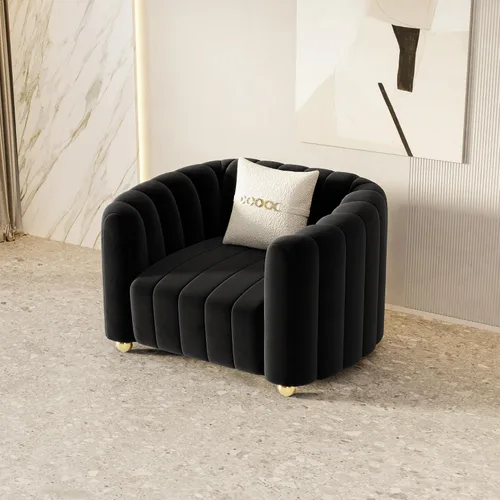 Vista 8 de Moderno juego de sofá de terciopelo negro de 3 piezas para sala de estar, juego de sofá curvado acolchado con patas de esfera de metal dorado