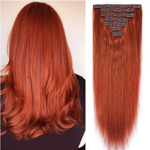 Vista 29 de Extensiones de cabello humano con clip de 14 pulgadas, 4.33 oz, 7 piezas, 16 clips, color marrón chocolate, doble trama, extensiones de cabello Remy