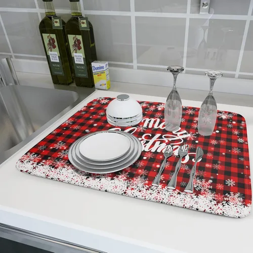 Vista 6 de Tapete de secado de platos de Navidad para encimera de cocina, de 18 x 24 pulgadas, tapete de secado reversible de microfibra con copos de nieve