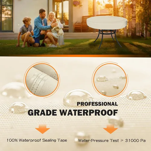 Vista 3 de TOHONFOO Funda para mesa redonda para exteriores, impermeable, anti-UV, para mesa de patio, se adapta a mesas de exteriores de hasta 58 a 60 Beige