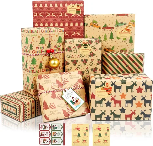 Vista 12 de MAMUNU - Papel de regalo de Navidad, 6 hojas de papel de regalo de lámina metálica negro y dorado, papel de regalo con diseño de copo de nieve