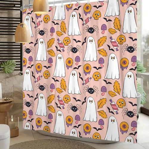 Vista 12 de Cortina de ducha divertida de Halloween, espeluznante y bonita, fantasma, calabazas, murciélagos, cortina de baño para niños, decoración