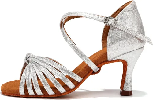 Vista 9 de Zapatos de baile latino de satén con punta abierta y tacón de 3 Beige