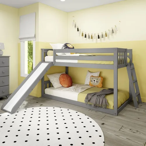 Vista 13 de Max & Lily - Litera baja, base de cama individual sobre individual para niños con escalera al final, color gris