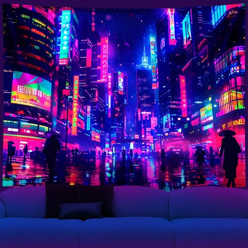 Vista 13 de NYZE Tapiz de luz negra de ciudad, tapiz de anime japonés, juego punk, fantasía, vista nocturna, paisaje urbano, arte futurista, neón, tapices