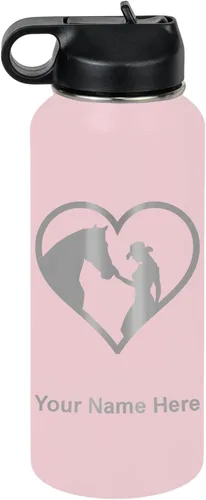 Vista 39 de LaserGram Botella de agua personalizada, corazón de vaquera de caballo, acero inoxidable de doble pared aislada al vacío con popote superior, regalo