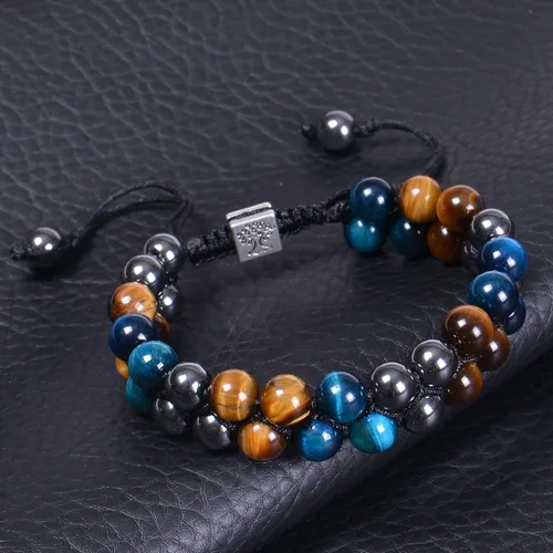 Vista 31 de DHQH Triple Protection Bracelet 8/10MM Hematite Black Agate Tigers Eye Stone Bracelet Crystal Jewelry Healing Bead Bracelets for Men Bring Luck