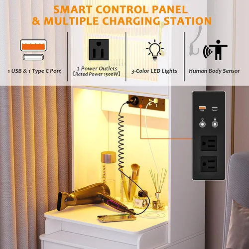 Vista 2 de Escritorio de tocador con estación de carga y taburete oculto, mesa de tocador de maquillaje con espejo abatible y luces, tocador con sensor
