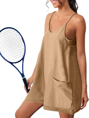 Vista 2 de NATRAKI Vestido atlético para mujer, minivestido de tiro caliente, enterizo de gran tamaño, bolsillos y pantalones cortos integrados, verano 2023