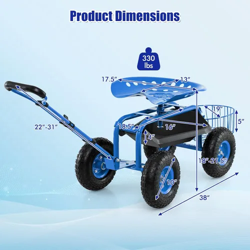 Vista 3 de Goplus Carrito de jardín rodante con asiento, taburete de jardín al aire libre con ruedas, bandeja de herramientas y cesta, mango de dirección