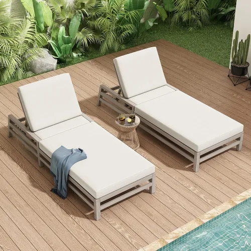 Vista 12 de Tumbona reclinable para patio al aire libre con respaldo ajustable de 5 posiciones y mesa auxiliar de madera, silla lounge para todo tipo de clima