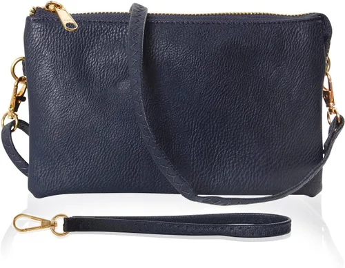 Vista 14 de Humble Chic bolsa pequeña de piel vegana, para usar cruzada o cartera con ajuste de pulsera, incluye hombro ajustable y correa para muñeca. Oro