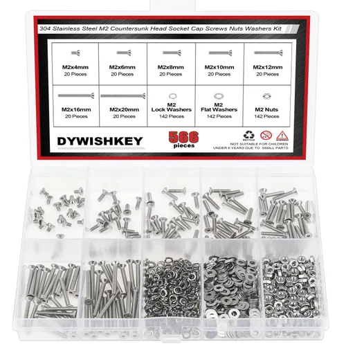 Vista 30 de DYWISHKEY - Juego de 566 piezas M2x 4/6/8/10/12/16/20mm tornillos de cabeza de botón, kit de tuercas y arandelas, tornillos M2, acero inoxidable 304