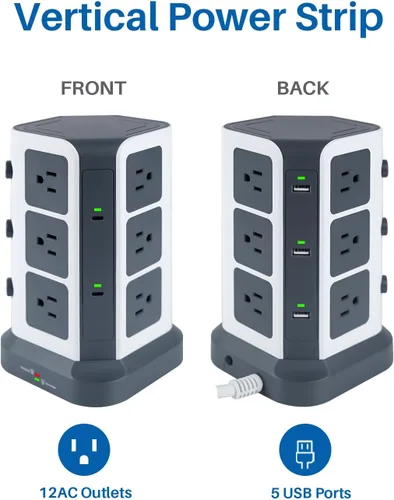 Vista 7 de KOOSLA - Tira de alimentación de torre con 2 USB C, protector de sobretensiones de 1500J con 12 tomas y 5 USB (1875W/15A), cable de extensión de 5