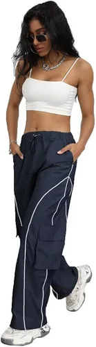 Vista 4 de FENGQIYUNHAI Y2K - Pantalones deportivos de paracaídas para mujer, de tiro bajo, holgados, de pierna ancha, pantalones cargo para mujer
