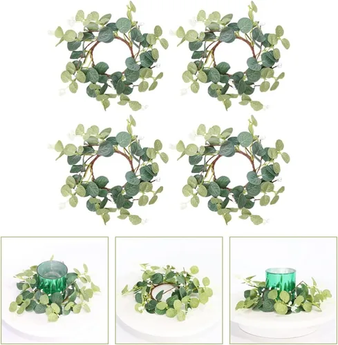 Vista 9 de STOBOK 4 coronas artificiales de eucalipto, anillos de vela, corona, pilar, candelabro, coronas pequeñas, hojas verdes, corona, decoración de velas