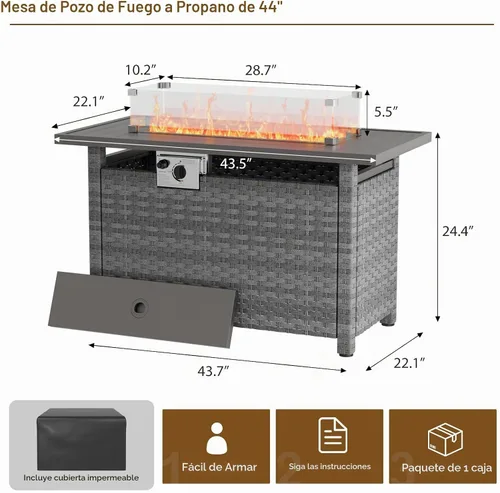 Vista 6 de Mesa para fogata de 44 pulgadas con protector contra el viento para exteriores, fogatas de gas propano de encendido automático, mesa rectangular