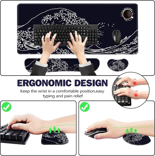 Vista 6 de ToLuLu Alfombrilla de mouse extendida para juegos, juego de soporte ergonómico de espuma viscoelástica para teclado y mouse reposamuñecas