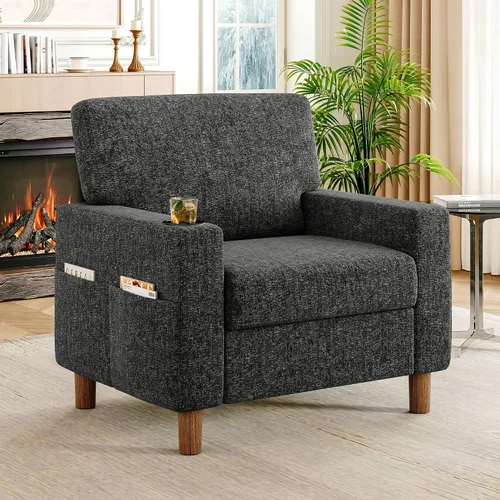 Vista 20 de Silla giratoria decorativa, moderna tapizada con brazo curvado, tela de terciopelo, cómoda silla de lectura con base de madera maciza para sala