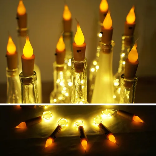 Vista 3 de Luces para botella de vino con llama de vela, paquete de 10 tiras de luces LED de corcho sin llama, funciona con pilas, alambre de cobre, mini luces