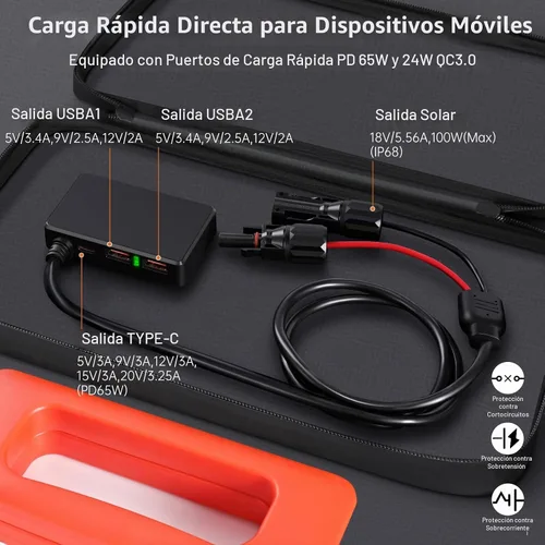 Vista 5 de Panel solar de 100 W, paneles solares portátiles tipo N 16BB para central eléctrica, panel solar plegable, QC3.0 USB-A y tipo C, 25% de alta