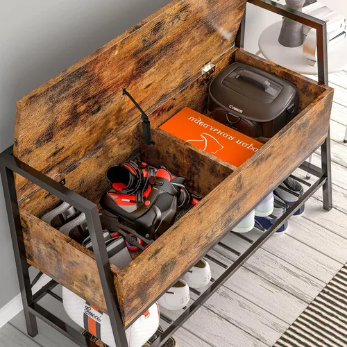 Vista 2 de IRONCK Banco de almacenamiento, banco industrial para zapatos con caja de almacenamiento, soporta hasta 240 libras, organizador de zapatos
