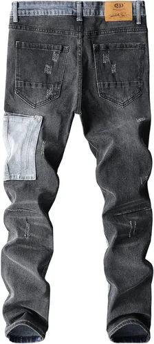 Vista 2 de SABATUTU Pantalones de mezclilla ajustados para hombre, elásticos, rasgados, desgastados, de pierna recta, a la moda, cintura alta y flexible
